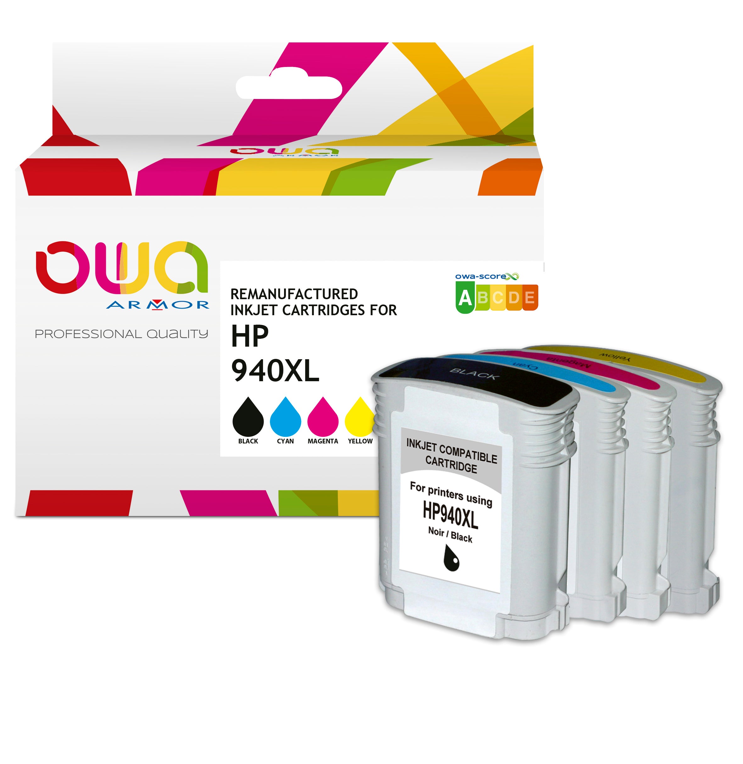 Hp Pack4 - Hp 940Xl - Remanufactured Ink Cartridges Owa - High Capacity - 1X Black, 1X Cyan, 1X Magenta