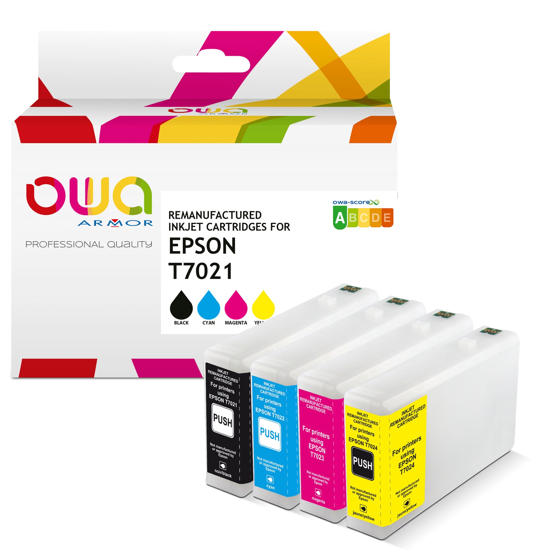 Epson Pack4 - Epson T702 - Remanufactured Ink Cartridges Owa - 1X Black, 1X Cyan, 1X Magenta, 1X Yellow