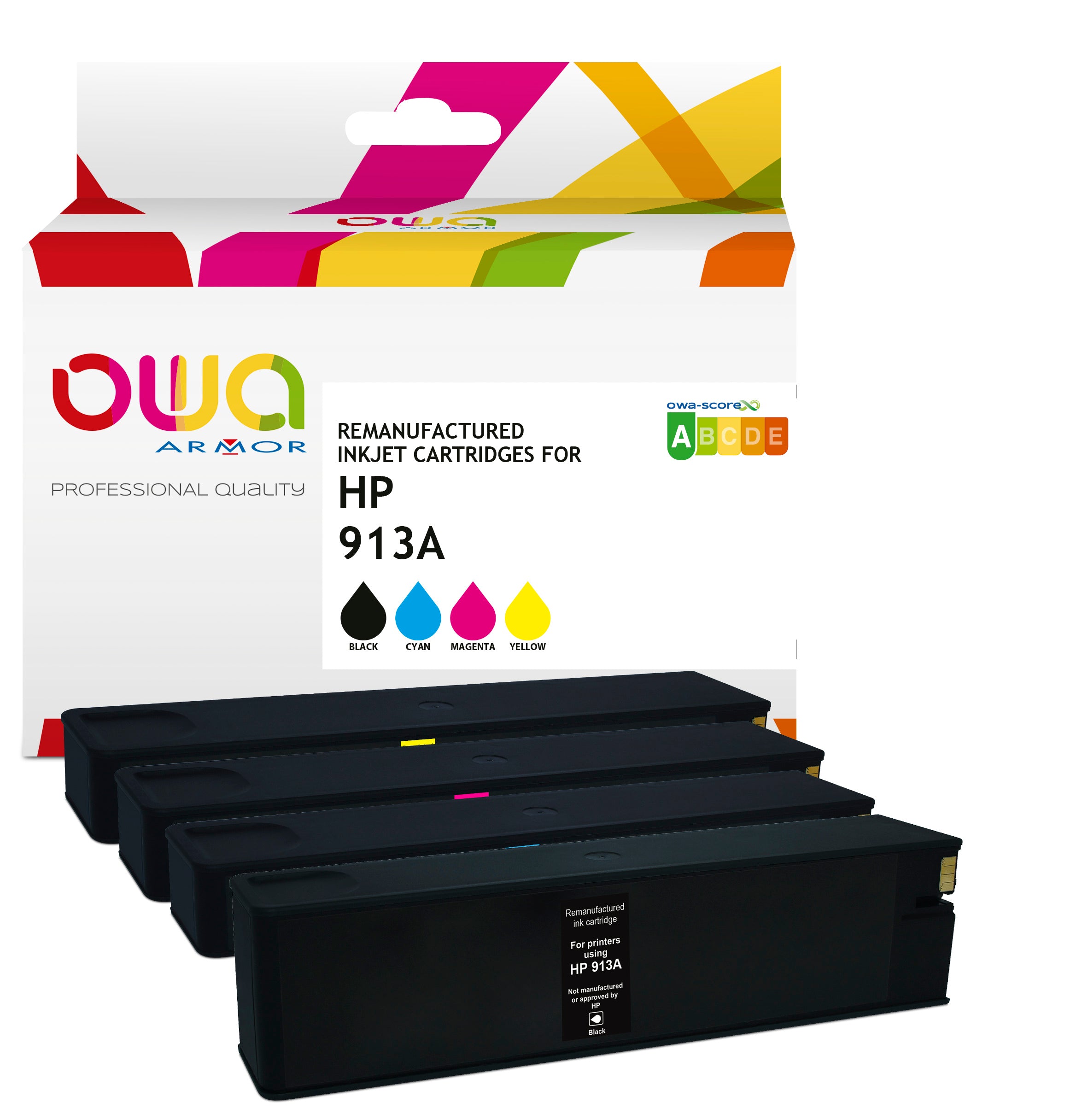Hp Pack4 - Hp 913A - Remanufactured Ink Cartridges Owa - 1X Black, 1X Cyan, 1X Magenta, 1X Yellow